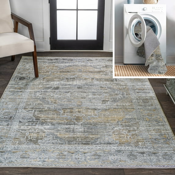 JONATHAN Y WASHABLE 4 x 6 Area Rug, Alanya Ornate Medallion - Gray/Mustard, WSH100D-4
