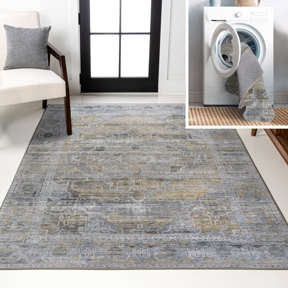 JONATHAN Y WASHABLE 5 x 8 Area Rug, Alanya Ornate Medallion - Gray/Mustard, WSH100D-5