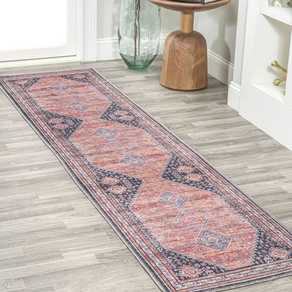 JONATHAN Y WASHABLE 2 x 10 Runner Rug, Dalyan Geometric Medallions - Terracotta/Navy, WSH101A-210