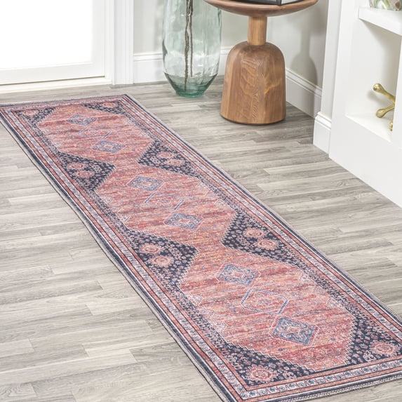 JONATHAN Y WASHABLE 2 x 8 Runner Rug, Dalyan Geometric Medallions - Terracotta/Navy, WSH101A-28