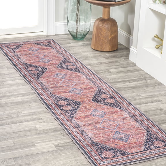 JONATHAN Y WASHABLE 2 x 8 Runner Rug, Dalyan Geometric Medallions - Terracotta/Navy, WSH101A-28