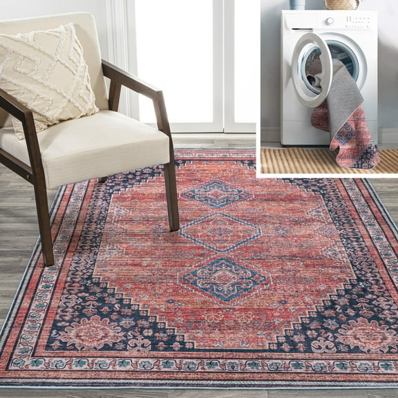 JONATHAN Y WASHABLE 3 x 5 Area Rug, Dalyan Geometric Medallions - Terracotta/Navy, WSH101A-3