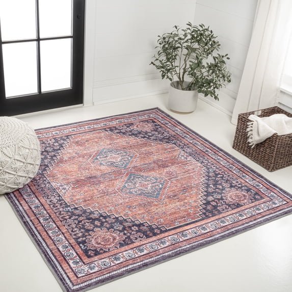 JONATHAN Y WASHABLE 8' Square Area Rug, Dalyan Geometric Medallions - Terracotta/Navy, WSH101A-8SQ