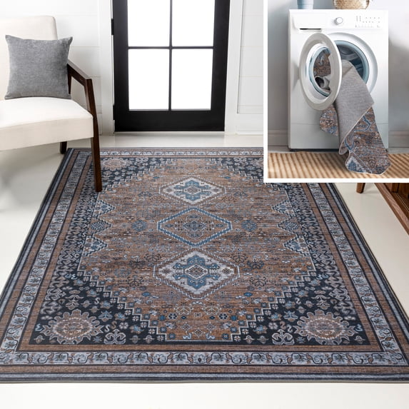 JONATHAN Y WASHABLE 5 x 8 Area Rug, Dalyan Geometric Medallions - Brown/Blue/Gray, WSH101B-5