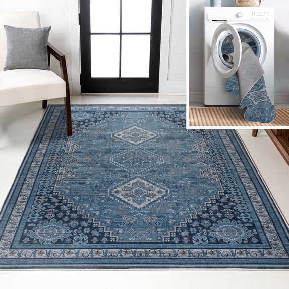 JONATHAN Y WASHABLE 5 x 8 Area Rug, Dalyan Geometric Medallions - Blue/Gray, WSH101C-5