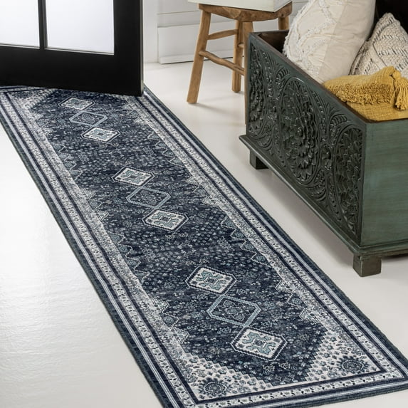 JONATHAN Y WASHABLE 2 x 8 Runner Rug, Dalyan Geometric Medallions - Navy/Light Gray, WSH101D-28