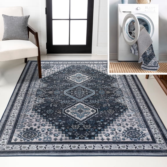 JONATHAN Y WASHABLE 5 x 8 Area Rug, Dalyan Geometric Medallions - Navy/Light Gray, WSH101D-5