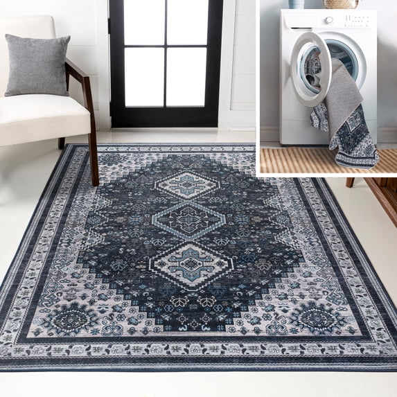 JONATHAN Y WASHABLE 8 x 10 Area Rug, Dalyan Geometric Medallions - Navy/Light Gray, WSH101D-8