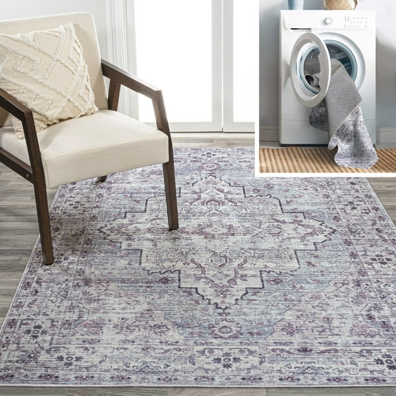 JONATHAN Y WASHABLE 5 x 8 Area Rug, Didim Boho Medallion - Gray/Purple, WSH102A-5