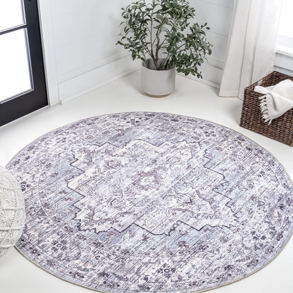 JONATHAN Y WASHABLE 5' Round Area Rug, Didim Boho Medallion - Gray/Purple, WSH102A-5R