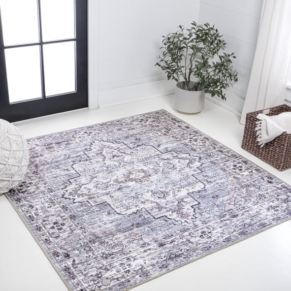 JONATHAN Y WASHABLE 5' Square Area Rug, Didim Boho Medallion - Gray/Purple, WSH102A-5SQ