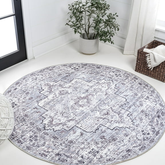JONATHAN Y WASHABLE 8' Round Area Rug, Didim Boho Medallion - Gray/Purple, WSH102A-8R
