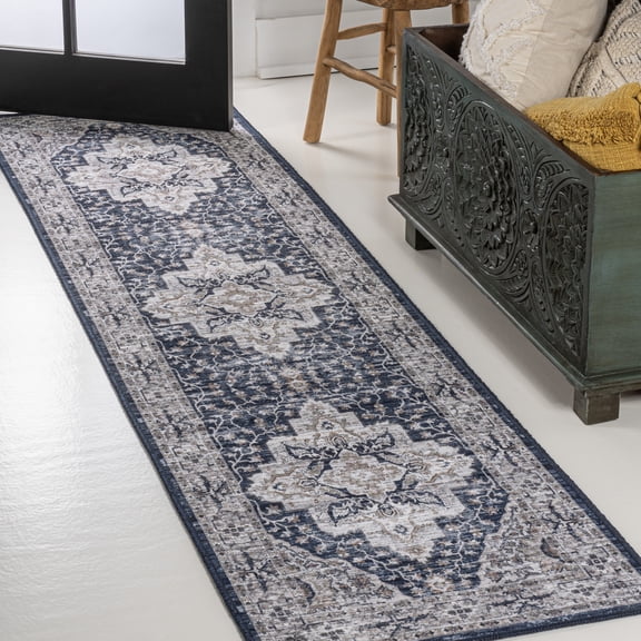 JONATHAN Y WASHABLE 2 x 8 Runner Rug, Didim Boho Medallion - Navy/Light Gray, WSH102B-28