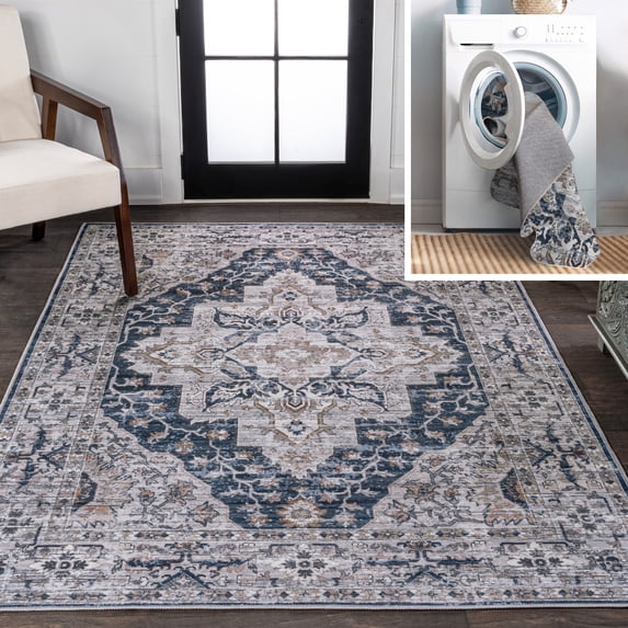 JONATHAN Y WASHABLE 4 x 6 Area Rug, Didim Boho Medallion - Navy/Light Gray, WSH102B-4