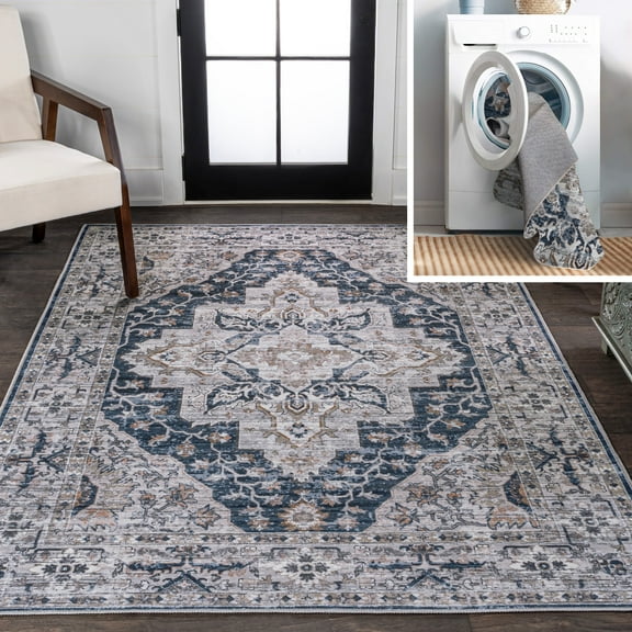 JONATHAN Y WASHABLE 4 x 6 Area Rug, Didim Boho Medallion - Navy/Light Gray, WSH102B-4