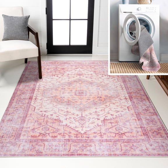 JONATHAN Y WASHABLE 5 x 8 Area Rug, Alacati Ogee Medallion - Red/Orange/Cream, WSH103A-5