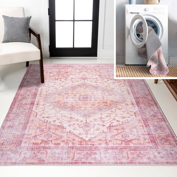 JONATHAN Y WASHABLE 8 x 10 Area Rug, Alacati Ogee Medallion - Red/Orange/Cream, WSH103A-8