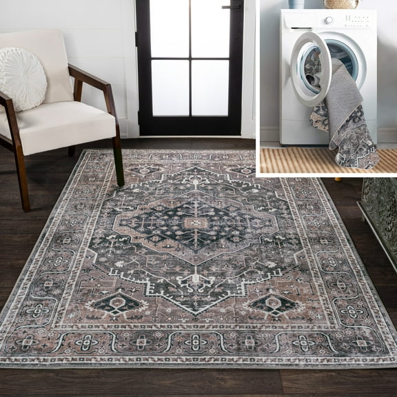 JONATHAN Y WASHABLE 3 x 5 Area Rug, Alacati Ogee Medallion - Dark Green/Dark Beige, WSH103B-3