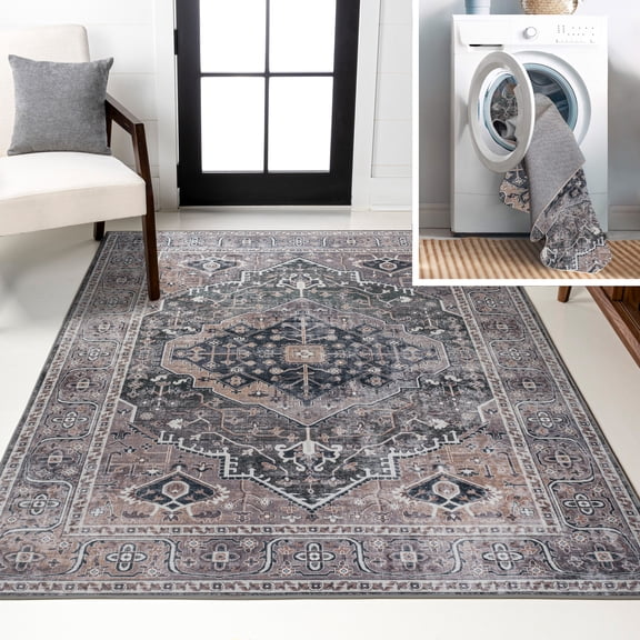 JONATHAN Y WASHABLE 4 x 6 Area Rug, Alacati Ogee Medallion - Dark Green/Dark Beige, WSH103B-4