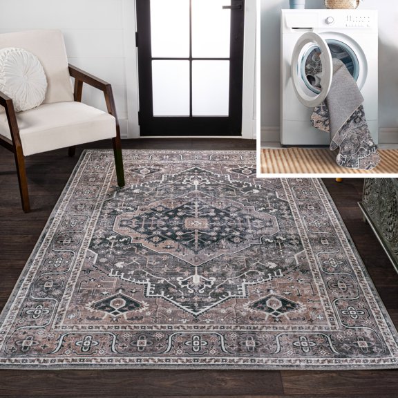 JONATHAN Y WASHABLE 5 x 8 Area Rug, Alacati Ogee Medallion - Dark Green/Dark Beige, WSH103B-5