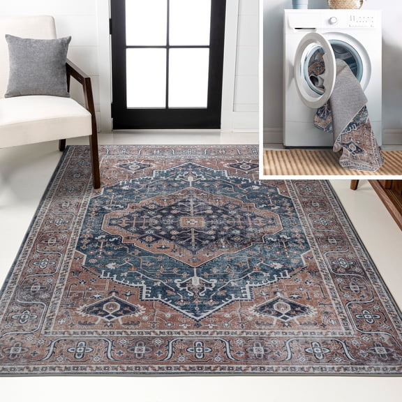 JONATHAN Y WASHABLE 4 x 6 Area Rug, Alacati Ogee Medallion - Navy/Brown, WSH103C-4