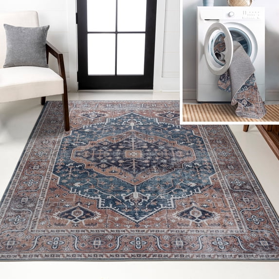 JONATHAN Y WASHABLE 5 x 8 Area Rug, Alacati Ogee Medallion - Navy/Brown, WSH103C-5