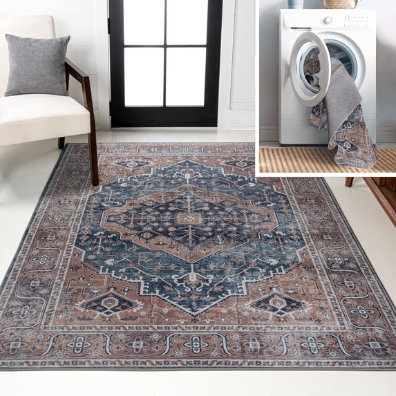 JONATHAN Y WASHABLE 8 x 10 Area Rug, Alacati Ogee Medallion - Navy/Brown, WSH103C-8