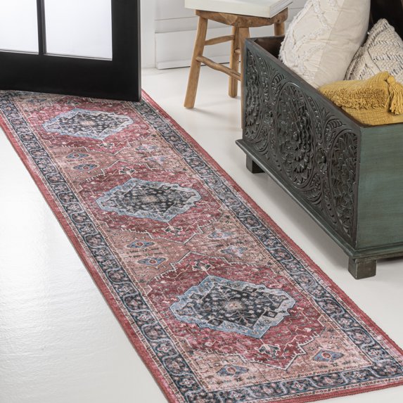 JONATHAN Y WASHABLE 2 x 8 Runner Rug, Alacati Ogee Medallion - Red/Blue/Brown, WSH103D-28
