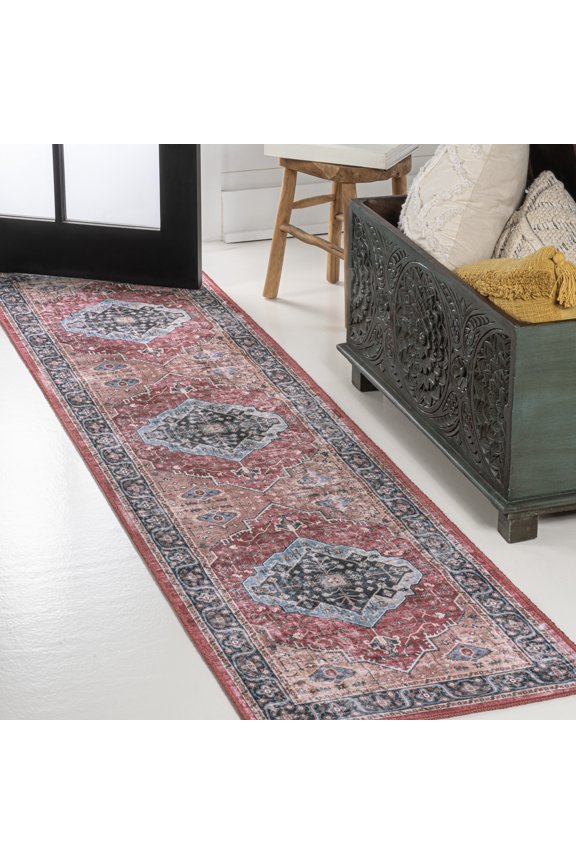 WASHABLE 2 x 8 Runner Rug, Alacati Ogee Medallion - Red/Blue/Brown, WSH103D-28
