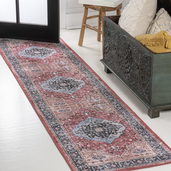 JONATHAN Y WASHABLE 2 x 8 Runner Rug, Alacati Ogee Medallion - Red/Blue/Brown, WSH103D-28