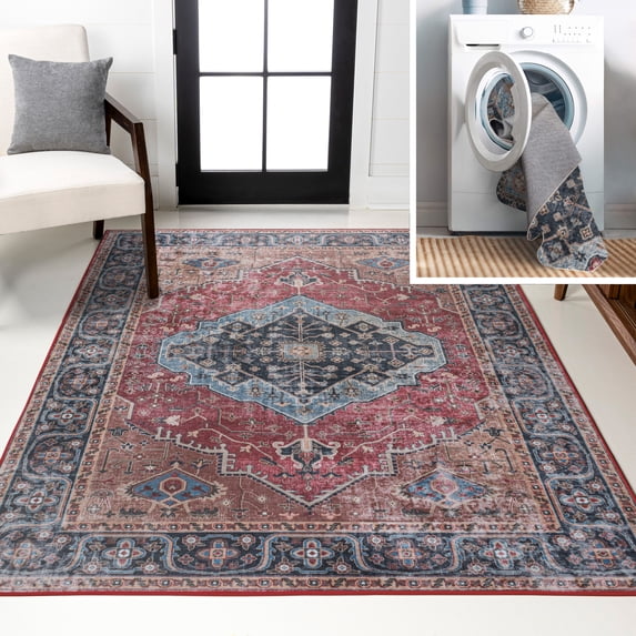 JONATHAN Y WASHABLE 3 x 5 Area Rug, Alacati Ogee Medallion - Red/Blue/Brown, WSH103D-3