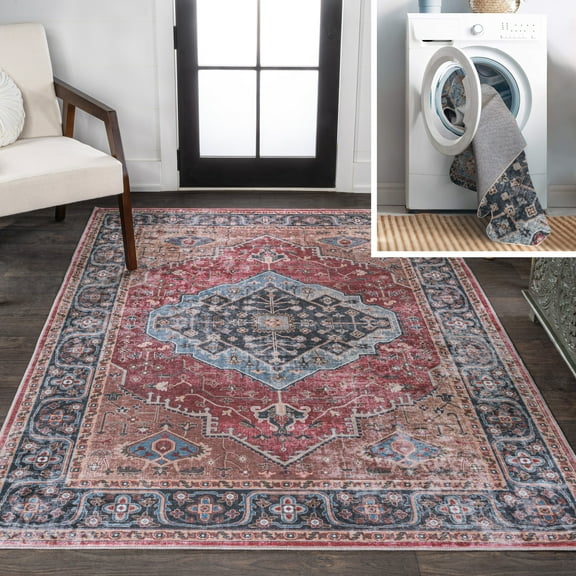 JONATHAN Y WASHABLE 5 x 8 Area Rug, Alacati Ogee Medallion - Red/Blue/Brown, WSH103D-5