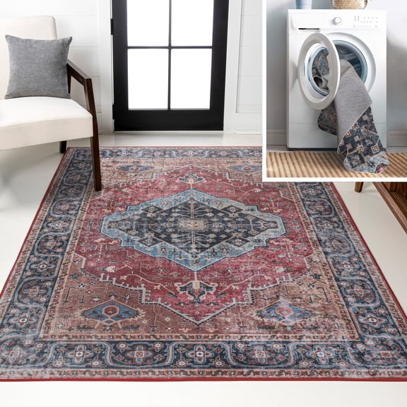 JONATHAN Y WASHABLE 8 x 10 Area Rug, Alacati Ogee Medallion - Red/Blue/Brown, WSH103D-8