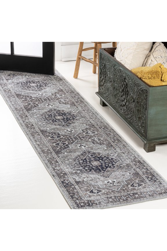 WASHABLE 2 x 8 Runner Rug, Alacati Ogee Medallion - Dark Gray/Light Gray, WSH103E-28