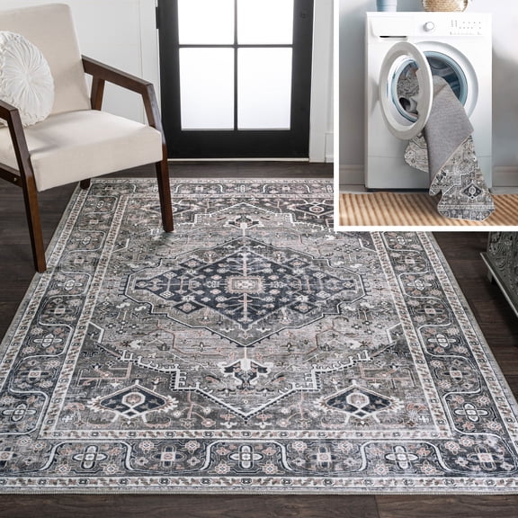 JONATHAN Y WASHABLE 4 x 6 Area Rug, Alacati Ogee Medallion - Dark Gray/Light Gray, WSH103E-4