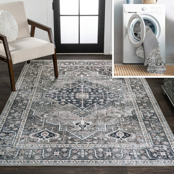 JONATHAN Y WASHABLE 8 x 10 Area Rug, Alacati Ogee Medallion - Dark Gray/Light Gray, WSH103E-8