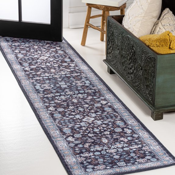 JONATHAN Y WASHABLE 2 x 8 Runner Rug, Kemer All-Over Persian - Black/Blue, WSH104D-28