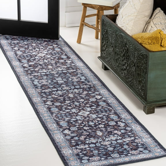 JONATHAN Y WASHABLE 2 x 8 Runner Rug, Kemer All-Over Persian - Black/Blue, WSH104D-28