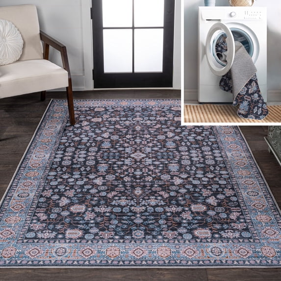 JONATHAN Y WASHABLE 4 x 6 Area Rug, Kemer All-Over Persian - Black/Blue, WSH104D-4