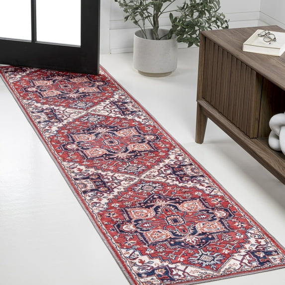 JONATHAN Y WASHABLE 2 x 8 Runner Rug, Cirali Ornate Large Medallion - Red/Navy, WSH105A-28