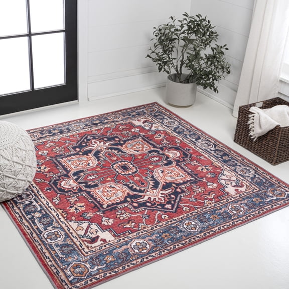 JONATHAN Y WASHABLE 6' Square Area Rug, Cirali Ornate Large Medallion - Red/Navy, WSH105A-6SQ