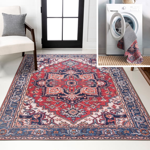 JONATHAN Y WASHABLE 8 x 10 Area Rug, Cirali Ornate Large Medallion - Red/Navy, WSH105A-8