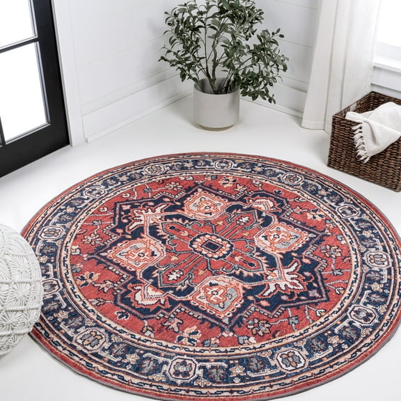 JONATHAN Y WASHABLE 8' Round Area Rug, Cirali Ornate Large Medallion - Red/Navy, WSH105A-8R