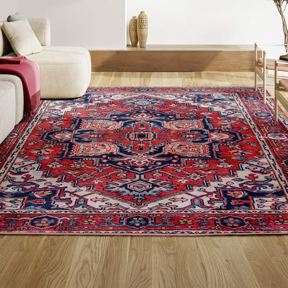 JONATHAN Y WASHABLE 9 x 12 Area Rug, Cirali Ornate Large Medallion - Red/Navy, WSH105A-9