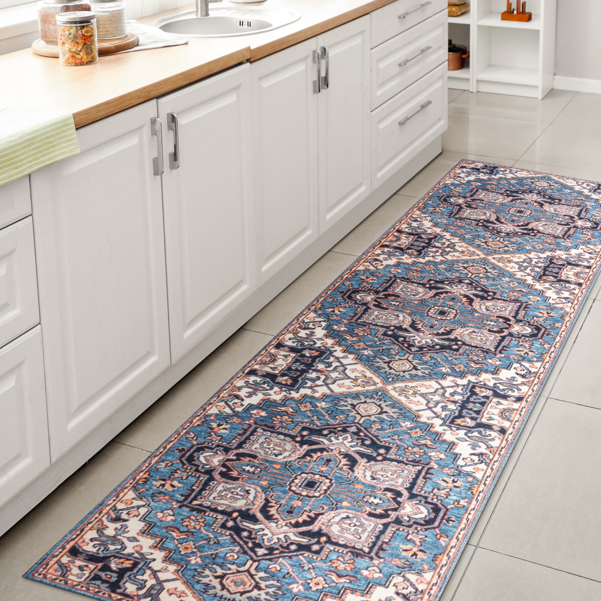 Cirali Bohemian Blue/Beige Medallion 2x8 Washable Runner Rug