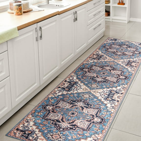 JONATHAN Y WASHABLE 2 x 8 Runner Rug, Cirali Ornate Large Medallion - Blue/Beige, WSH105B-28