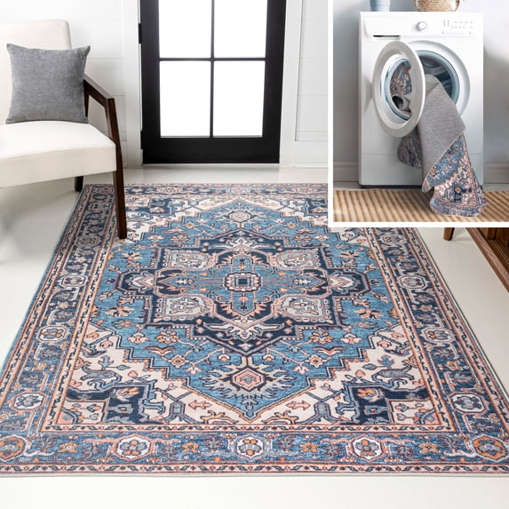 JONATHAN Y WASHABLE 3 x 5 Area Rug, Cirali Ornate Large Medallion - Blue/Beige, WSH105B-3