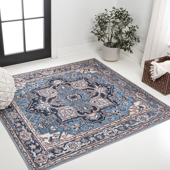 JONATHAN Y WASHABLE 5' Square Area Rug, Cirali Ornate Large Medallion - Blue/Beige, WSH105B-5SQ