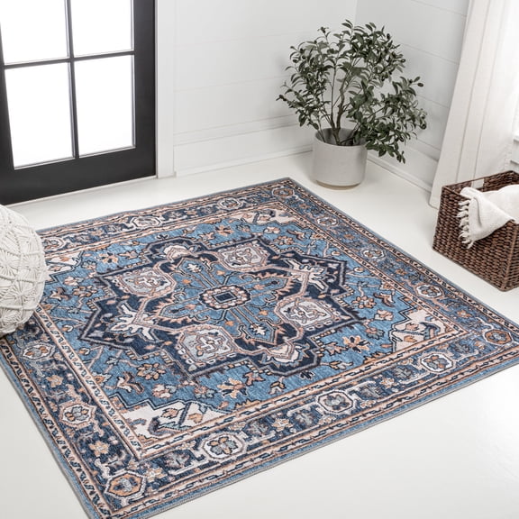 JONATHAN Y WASHABLE 6' Square Area Rug, Cirali Ornate Large Medallion - Blue/Beige, WSH105B-6SQ