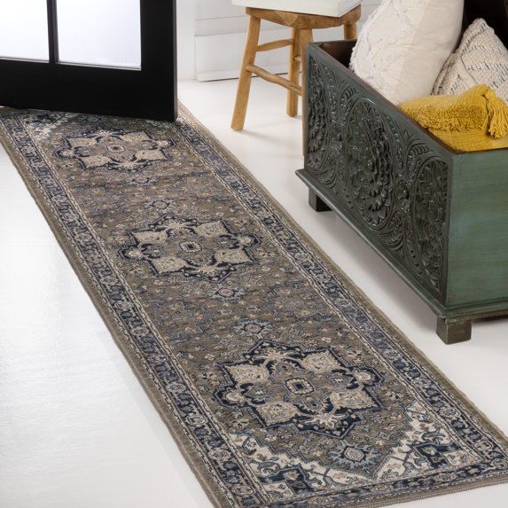 JONATHAN Y WASHABLE 2 x 8 Runner Rug, Cirali Ornate Large Medallion - Green/Navy/Cream, WSH105C-28